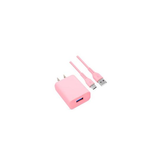 COMBO BROBOTIX CARGADOR DE PARED + CABLE USB-A A USB-C, CARGA RAPIDA, 18W, COLOR ROSA