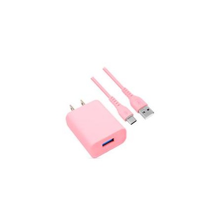 COMBO BROBOTIX CARGADOR DE PARED + CABLE USB-A A USB-C, CARGA RAPIDA, 18W, COLOR ROSA