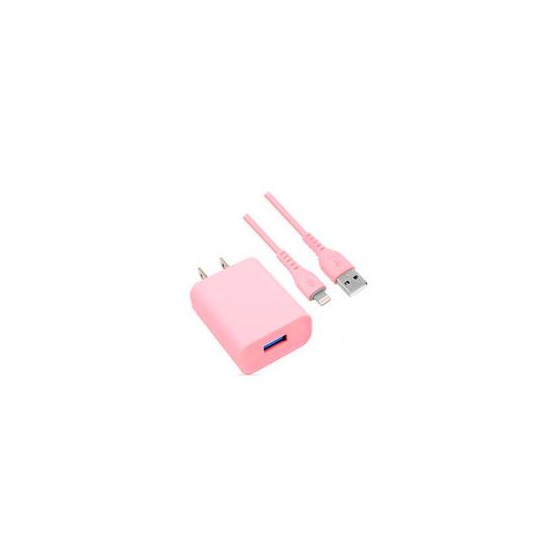 COMBO BROBOTIX CARGADOR DE PARED + CABLE USB-A A LIGHTNING, CARGA RAPIDA, 18W, COLOR ROSA