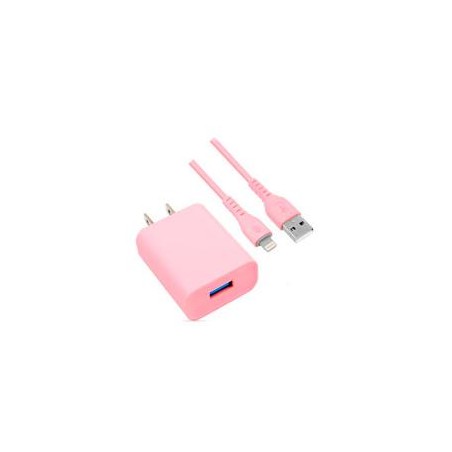 COMBO BROBOTIX CARGADOR DE PARED + CABLE USB-A A LIGHTNING, CARGA RAPIDA, 18W, COLOR ROSA