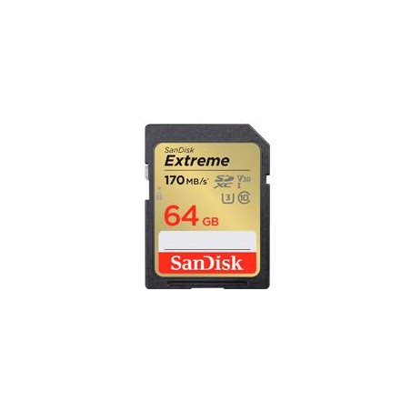 MEMORIA SANDISK SDXC 64GB EXTREME 170MB/S 4K CLASE 10 U3 V30 SDSDXV2-064G-GNCIN