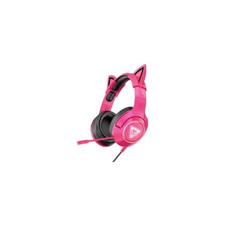 AUDIFONOS GAMER OCELOT TIPO DIADEMA/OVER-EAR/USB/3.5MM/COLOR ROSA CON NEGRO/ALAMBRICOS/ILUMINACION BLANCA/CONTROL DE AUDIO/MIC