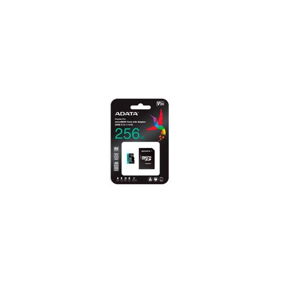 MEMORIA ADATA MICRO SDXC/SDHC 256GB UHS-I 100MB/85MB CLASE 10 V30 A2 C/ADAPTADOR (AUSDX256GUI3V30SA2-RA1)