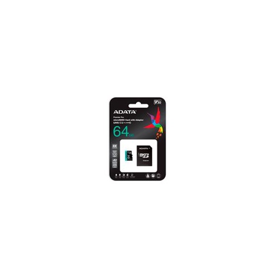 MEMORIA ADATA MICRO SDXC/SDHC 64GB UHS-I 100MB/80MB CLASE 10 V30 A2 C/ADAPTADOR (AUSDX64GUI3V30SA2-RA1)