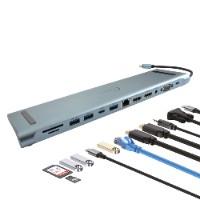 DOCKING STATION EC LINE EC-BYL-2003U2, 12 EN 1, USB-C MACHO, HDMI 4K, VGA, USB-A, USB-C PD 100 W, RJ45, LECTOR SD/MICRO-SD, AUDIO 3.5 MM, GRIS